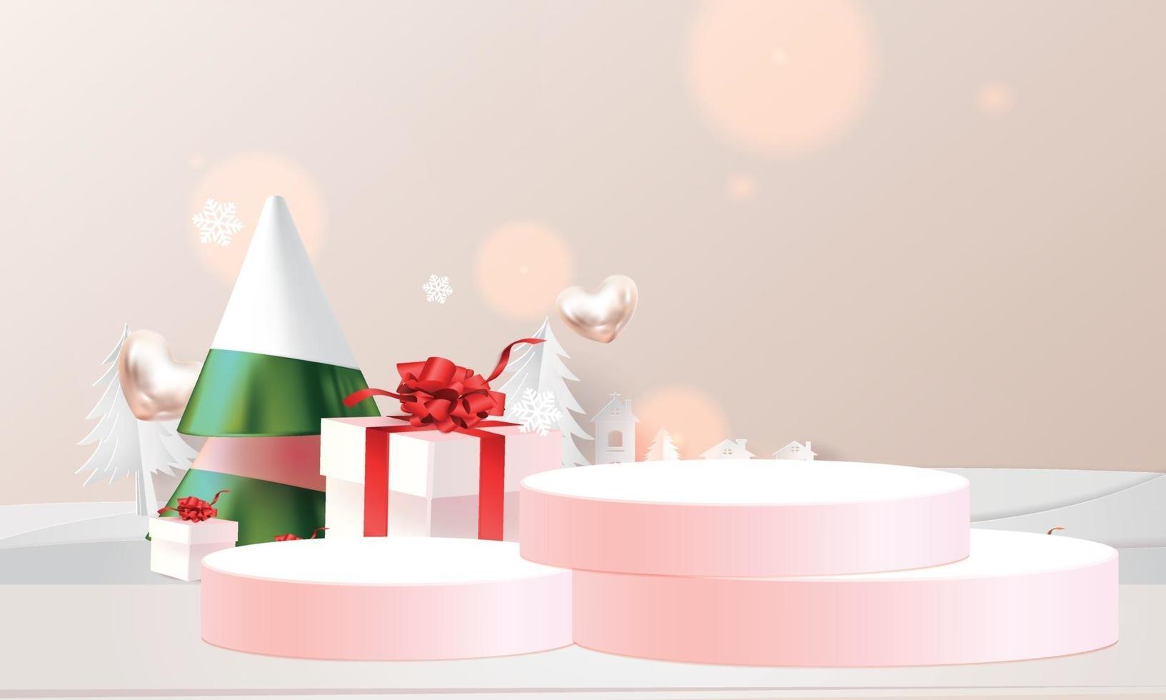 podium show christmas day paper art red background with gift vector