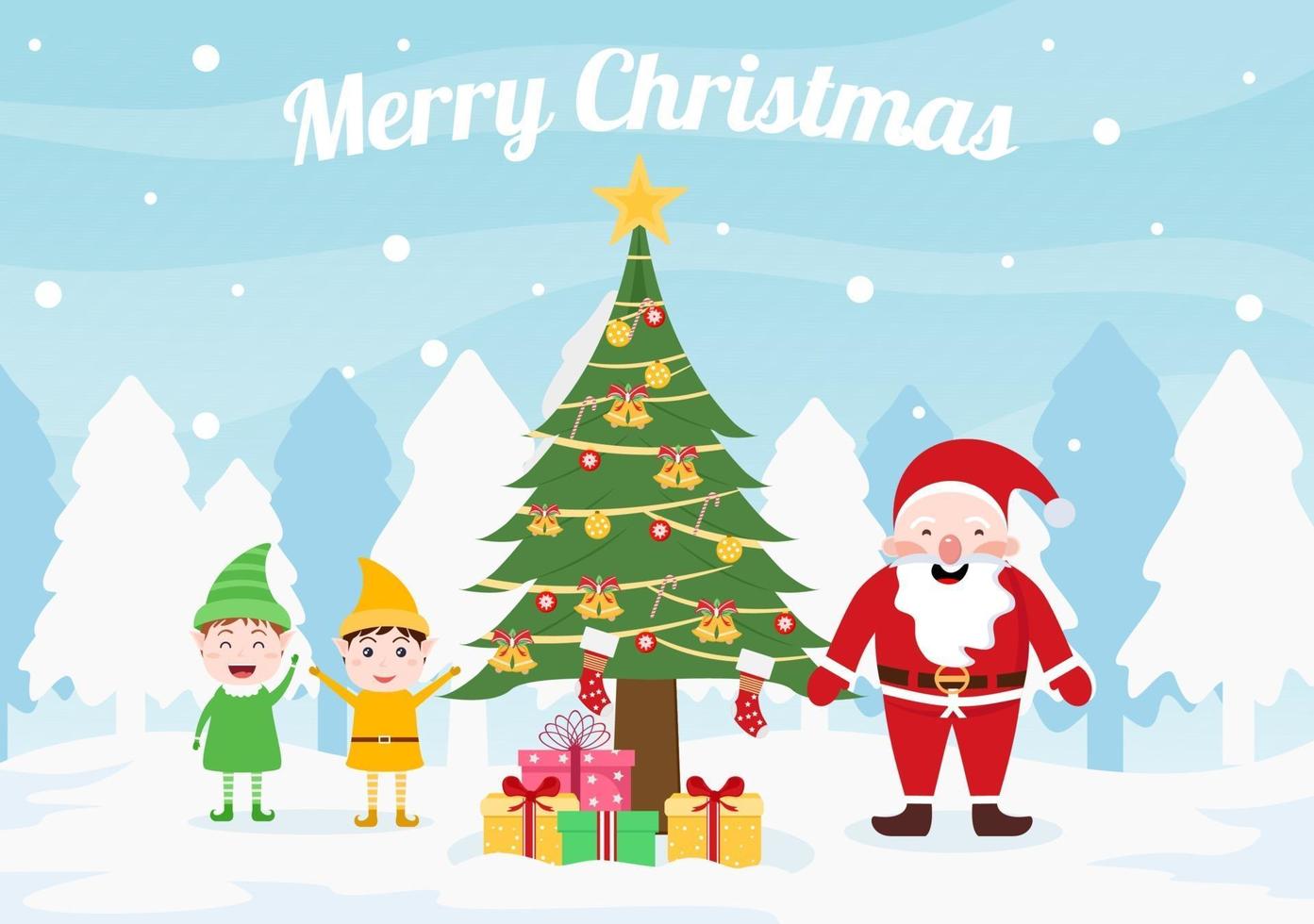 Merry Christmas, Cute Cartoon Santa Claus Background and Friends vector