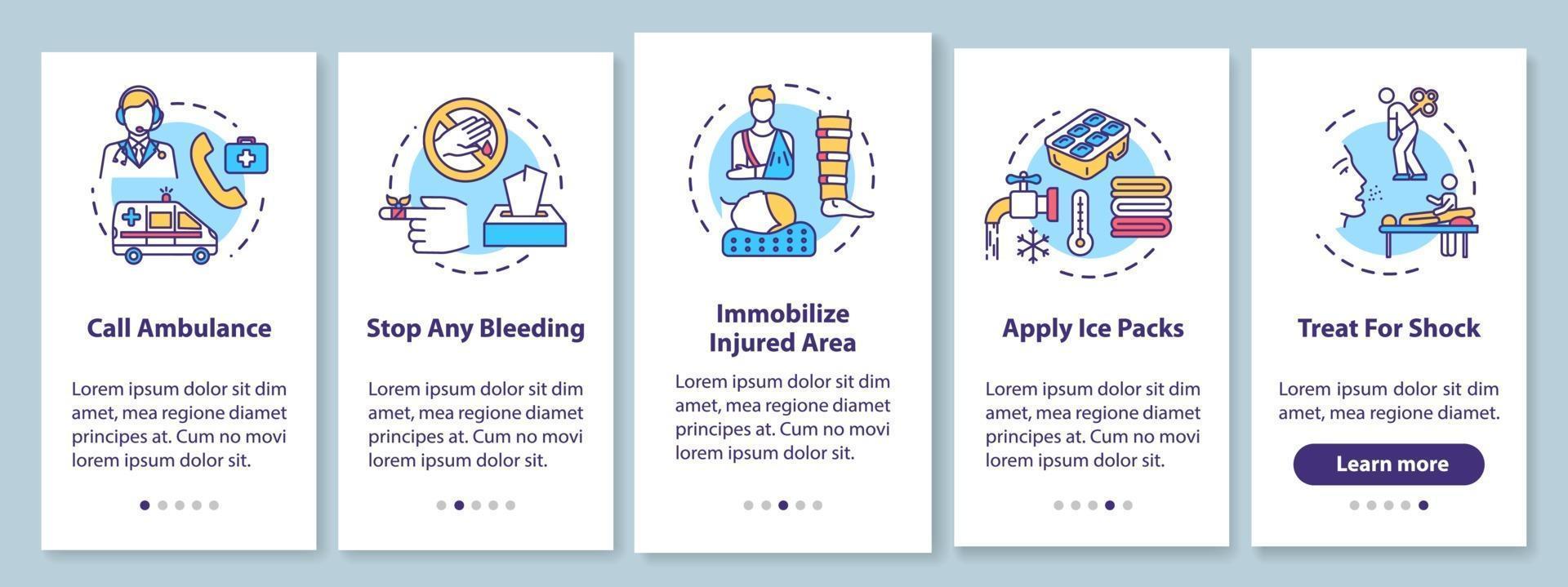 Injury treatment recommendations onboarding mobile app page screen vector