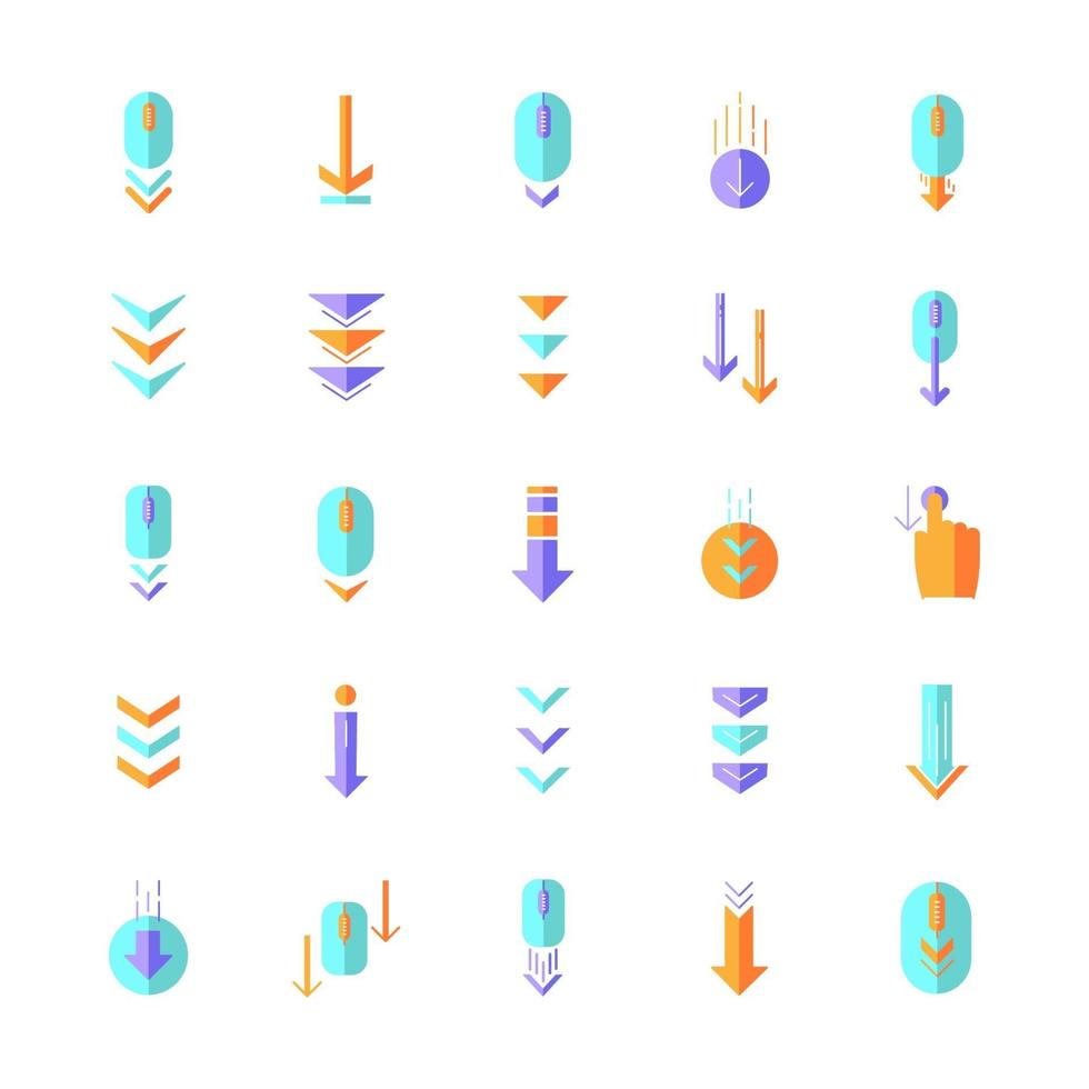 Desplácese hacia abajo conjunto de iconos de color rgb de dibujos animados de diseño plano vector