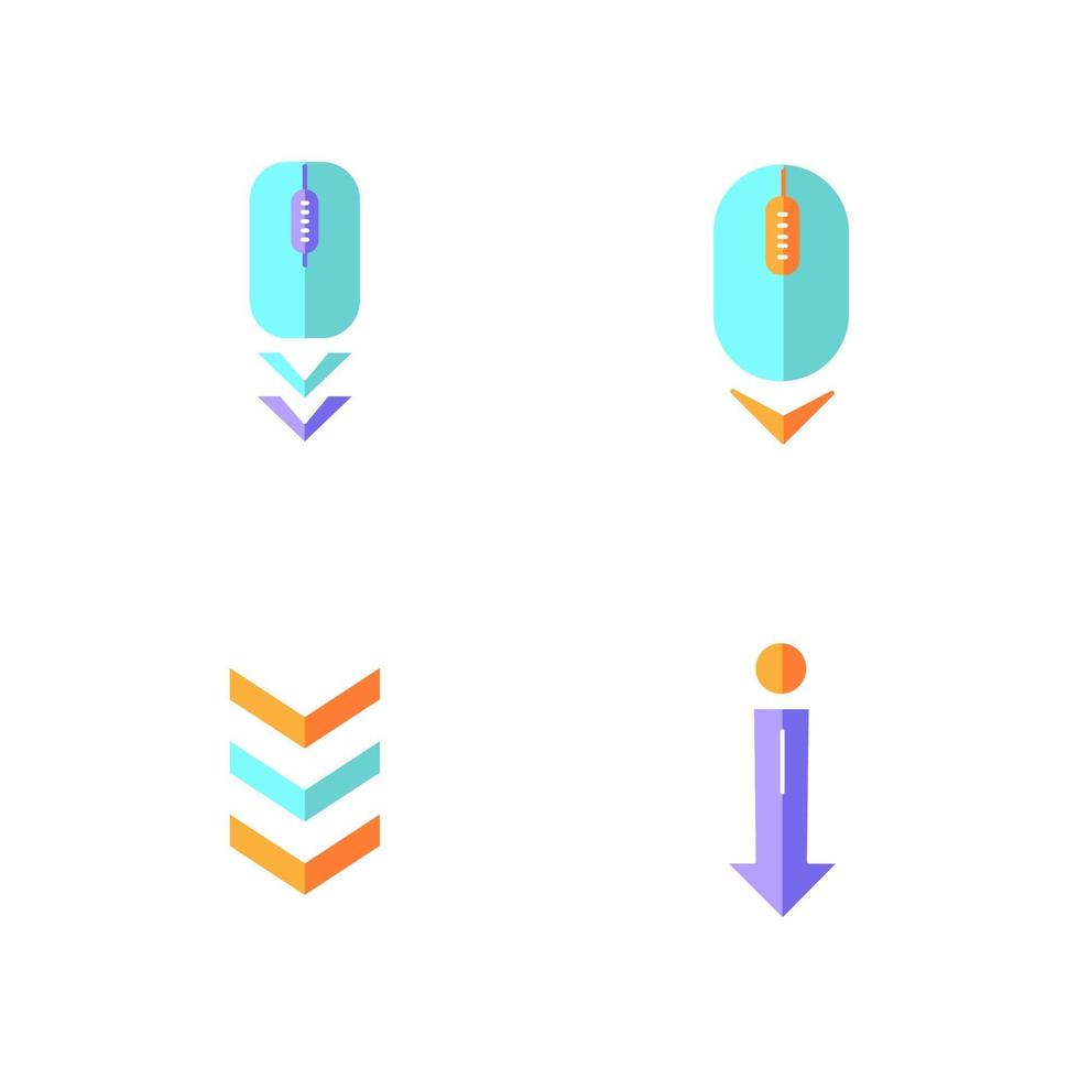 Conjunto de iconos de colores rgb de dibujos animados de diseño plano de indicadores de desplazamiento hacia abajo vector