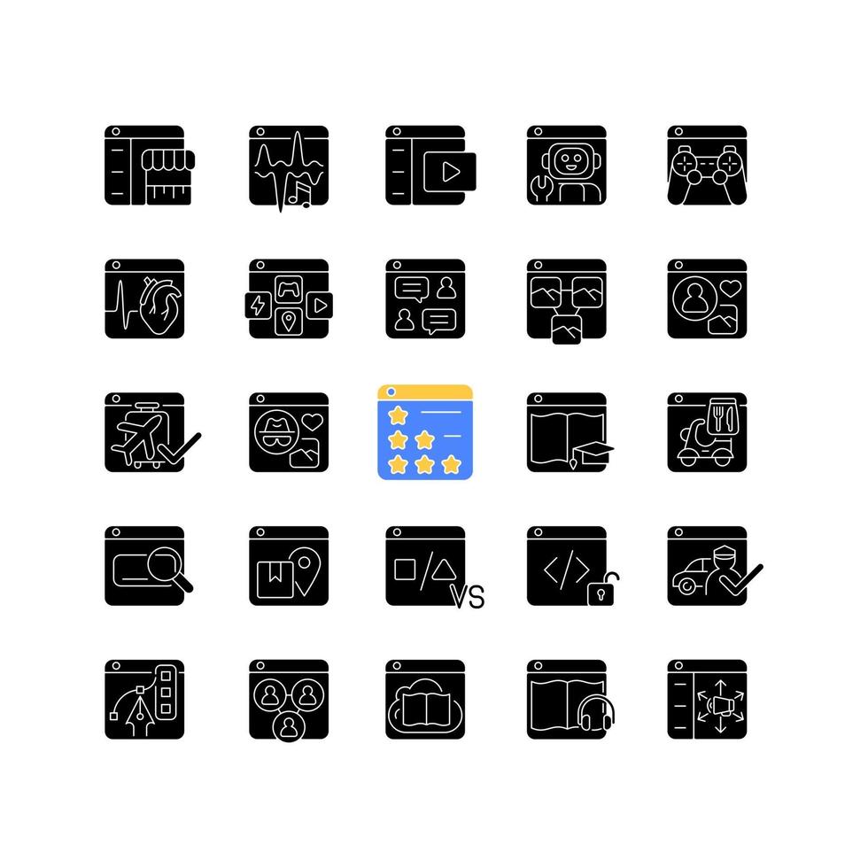 plataformas en línea iconos de glifos negros en espacio en blanco vector