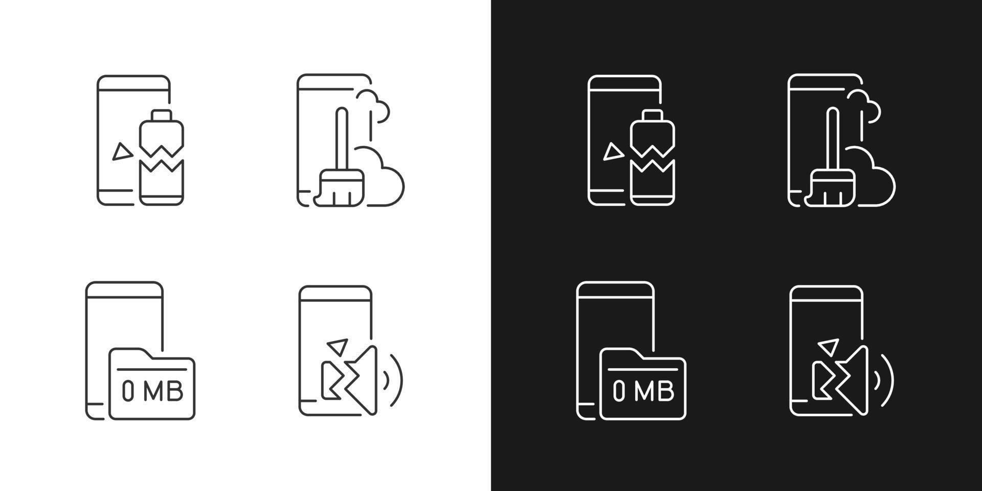 Iconos lineales de errores telefónicos configurados para modo oscuro y claro vector