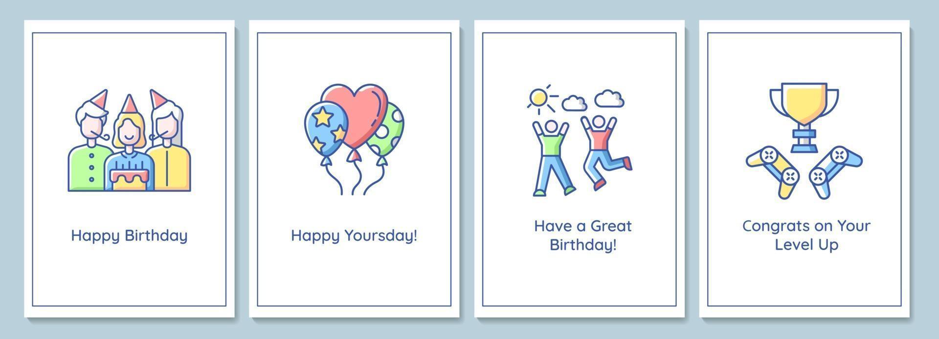 Tarjetas de felicitación de celebración de cumpleaños con conjunto de elementos de icono de color vector