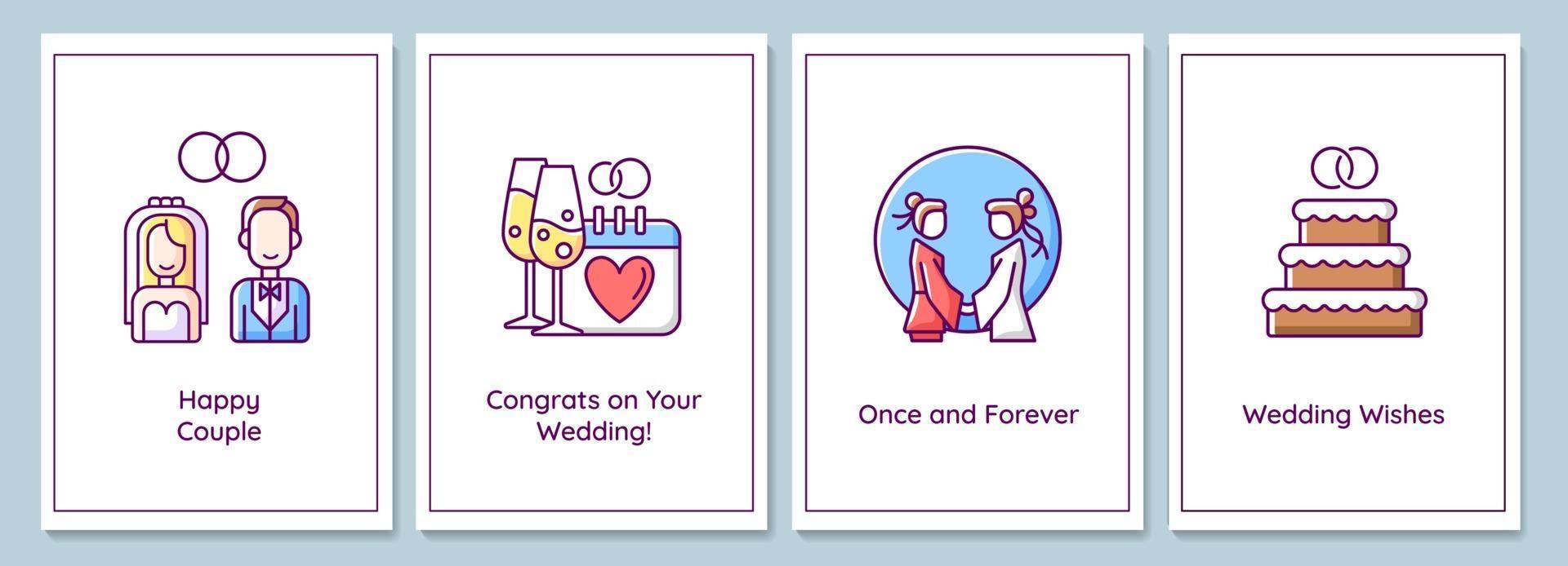 Wedding day celebration greeting cards with color icon element set vector