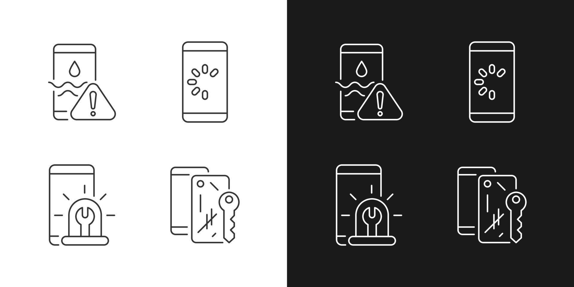 problemas del teléfono móvil iconos lineales negros establecidos para el modo oscuro y claro vector
