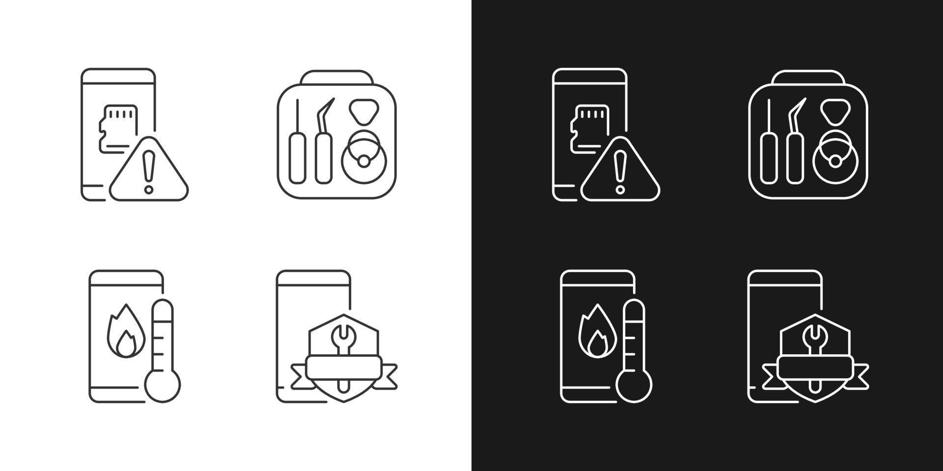 Iconos lineales negros de recuperación de teléfonos móviles configurados para modo oscuro y claro vector