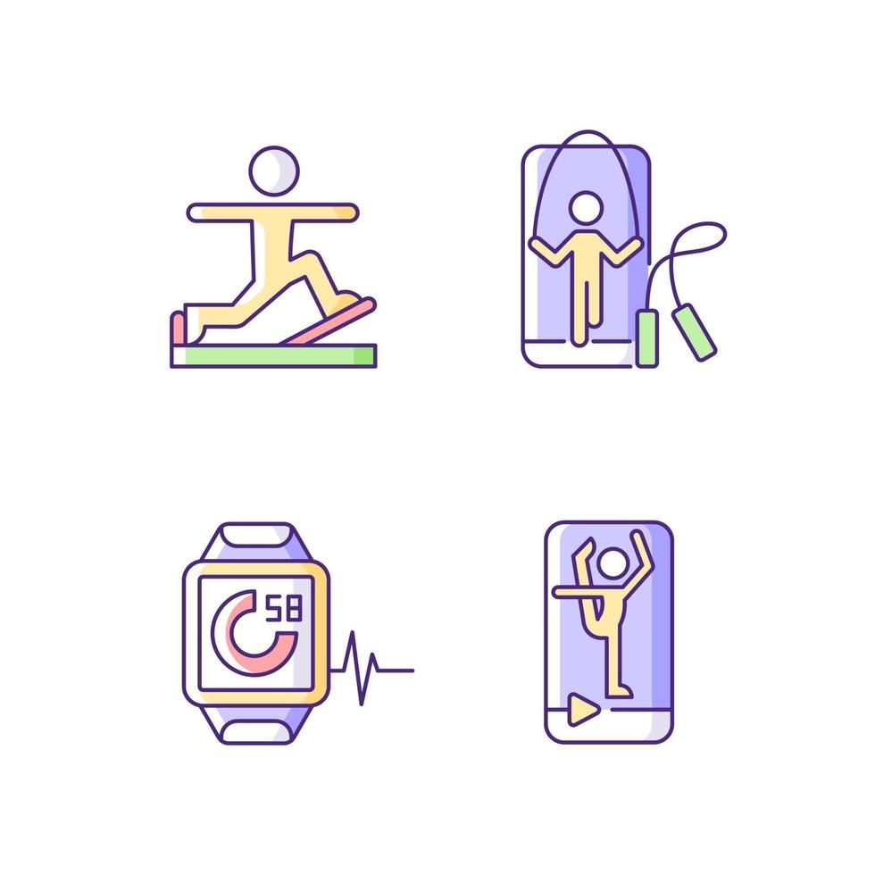 Online fitness gymnastic trends RGB color icons set. vector