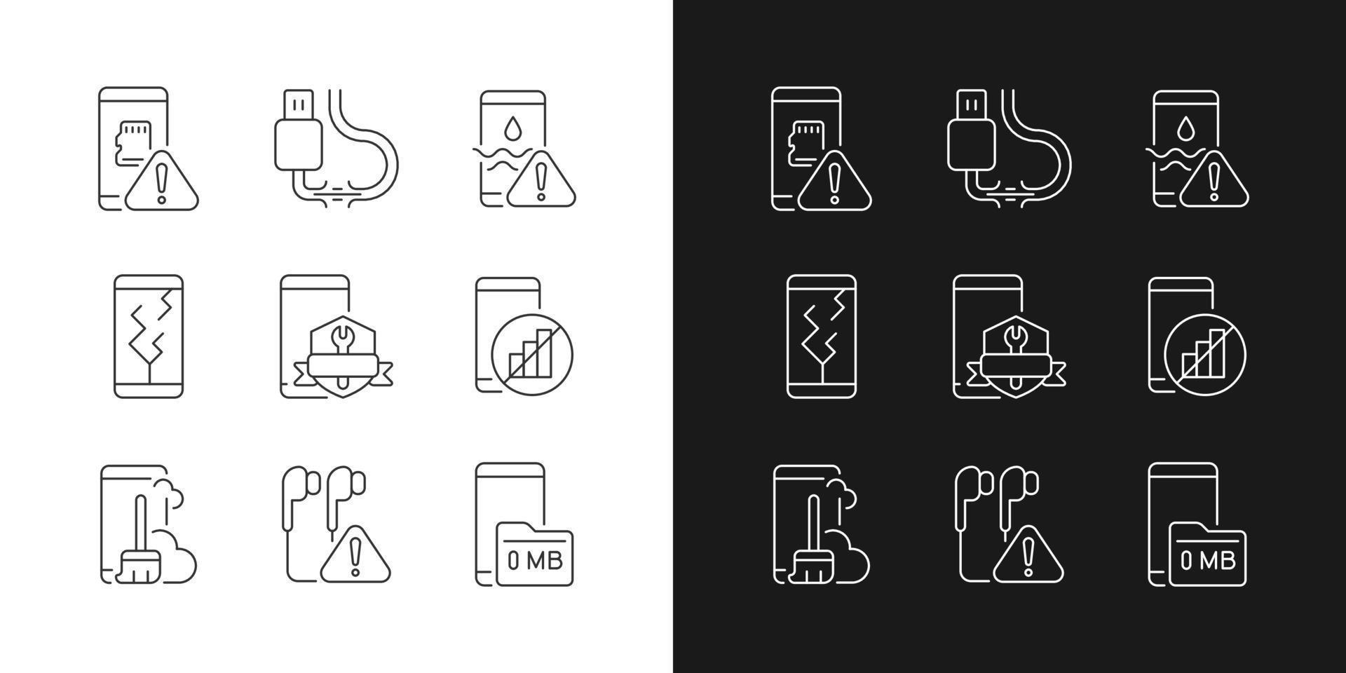 Mobile phone issues black linear icons set for dark and light mode vector