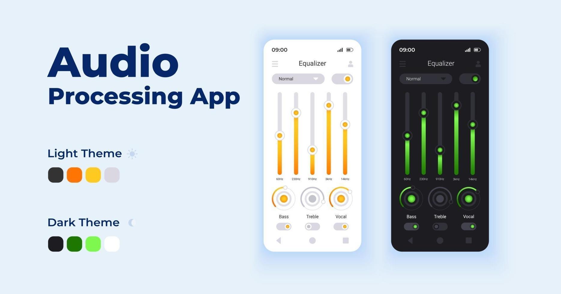 Audio processing app cartoon smartphone interface vector templates set