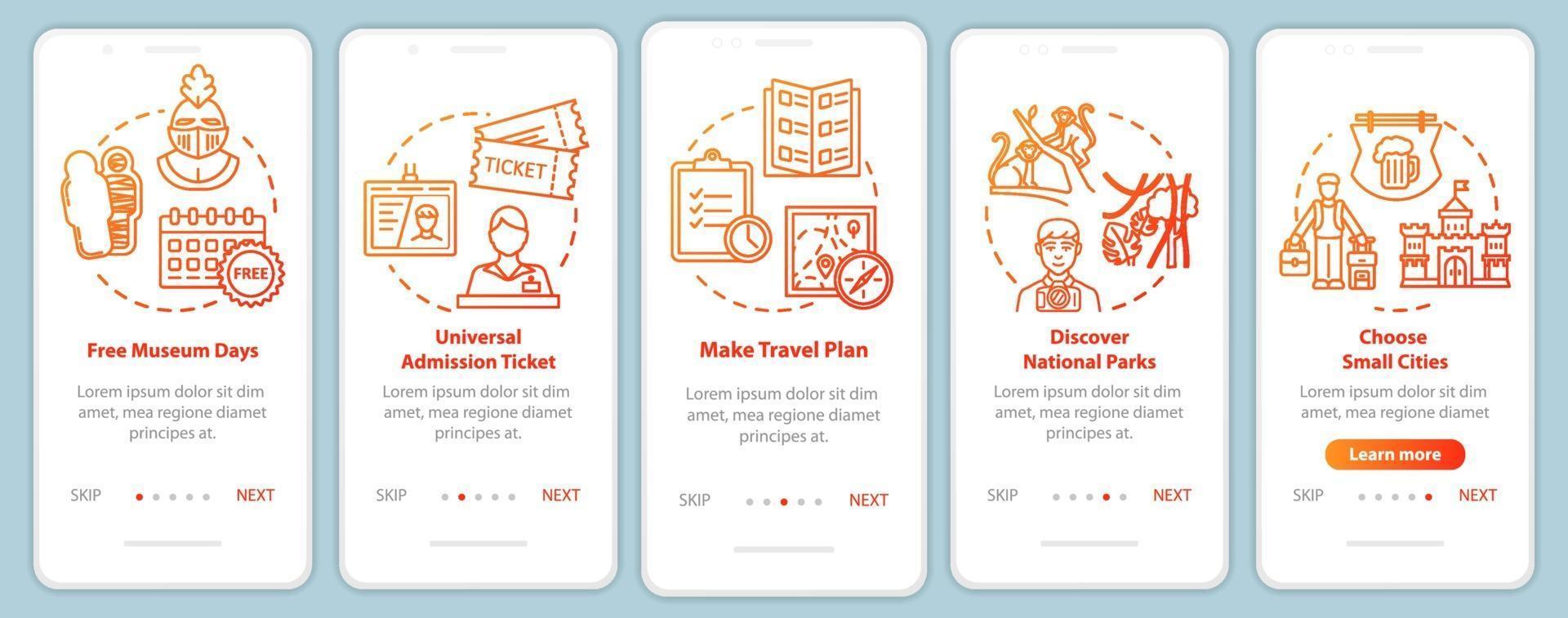 Free excursions onboarding mobile app page screen with concepts vector