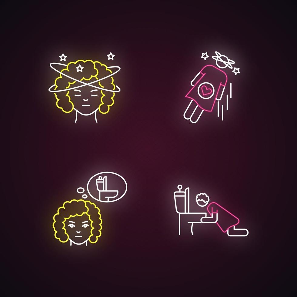 Early pregnancy symptom neon light icons set vector