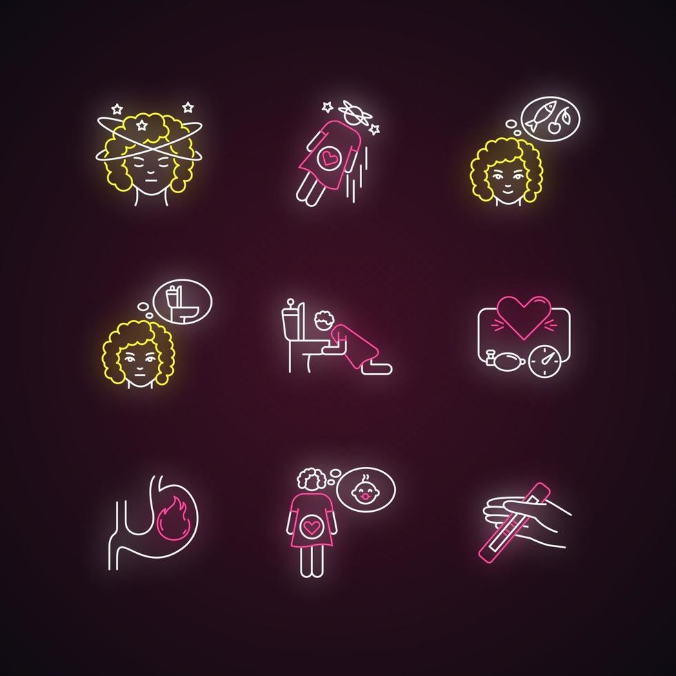 Early pregnancy symptom neon light icons set vector