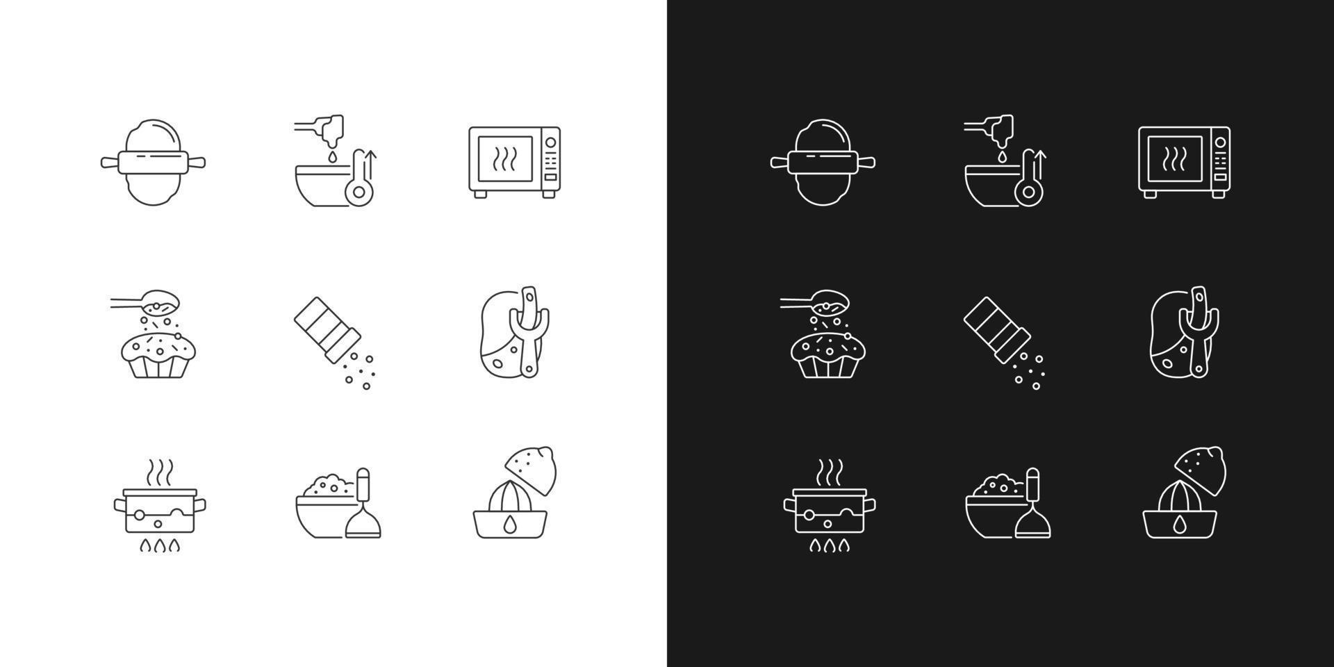 Cocinar iconos lineales establecidos para el modo oscuro y claro. vector