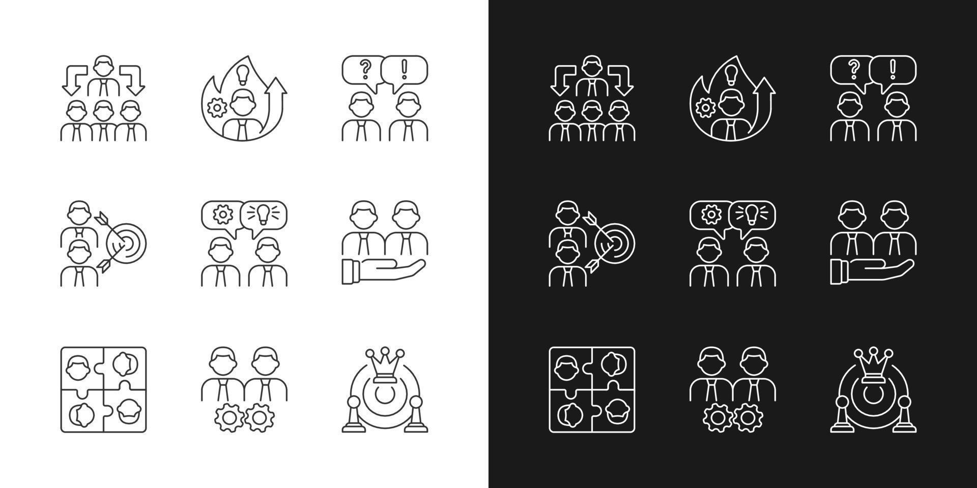 Team working linear icons set for dark and light mode vector