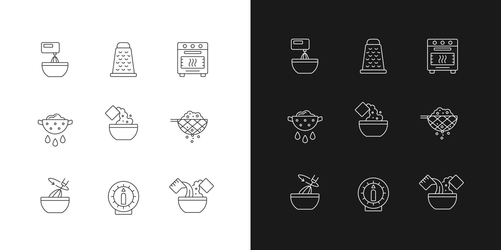 Food cooking instruction linear icons set for dark and light mode vector