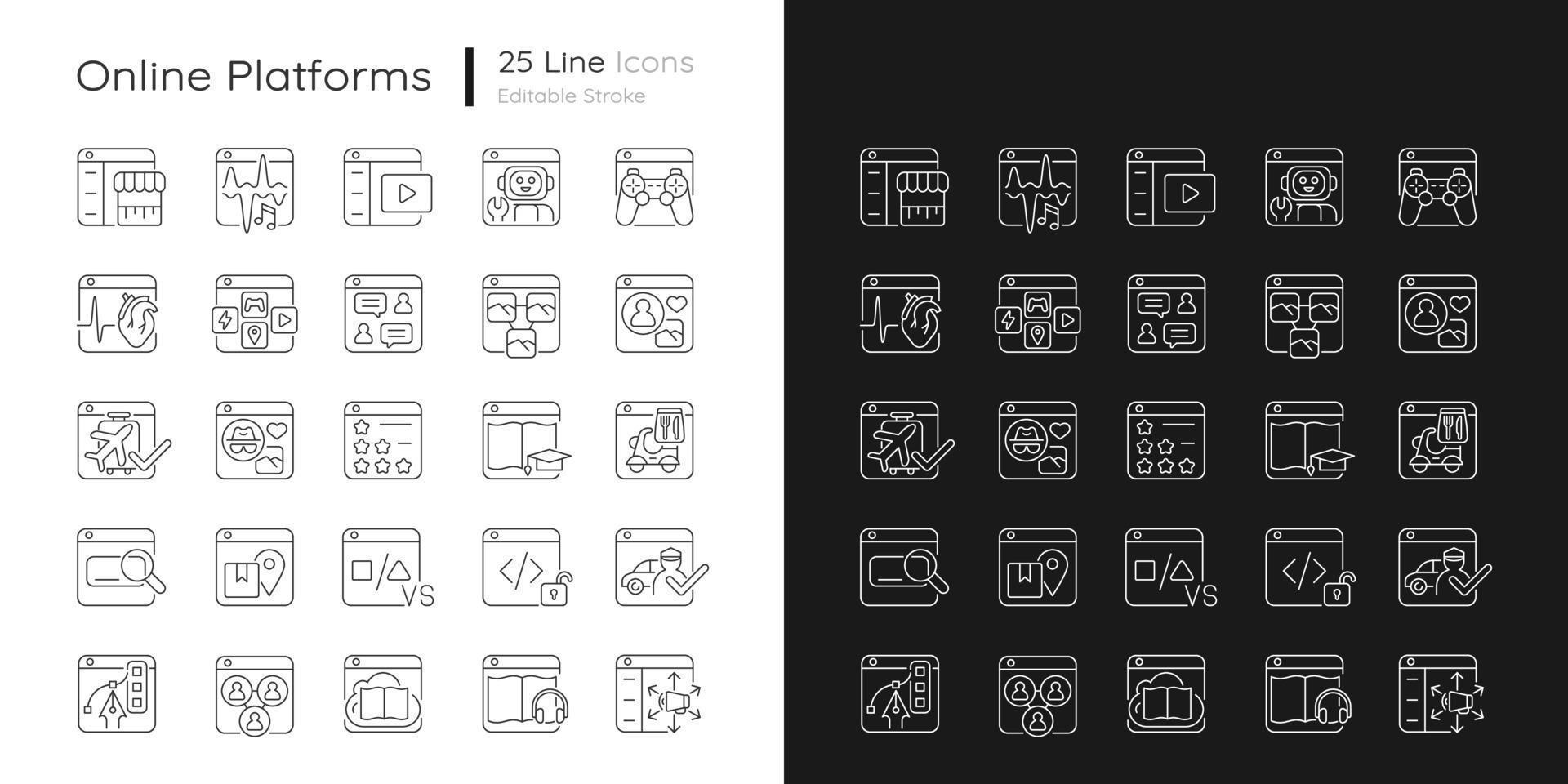 iconos lineales de plataformas en línea para modo oscuro y claro vector