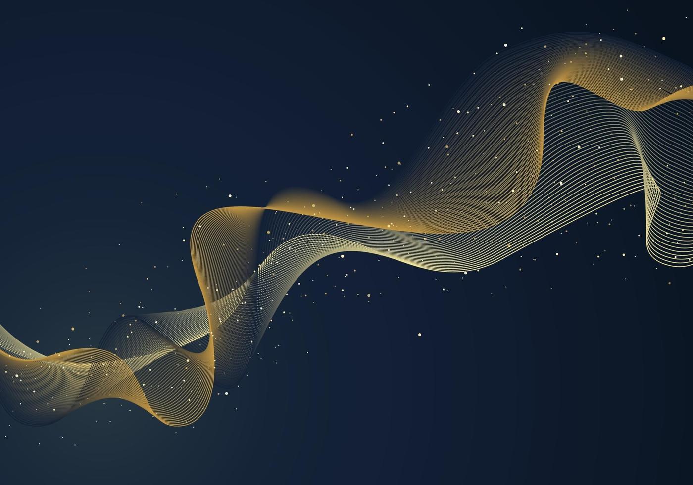 Abstract wave wavy yellow lines dot particles dark blue background vector