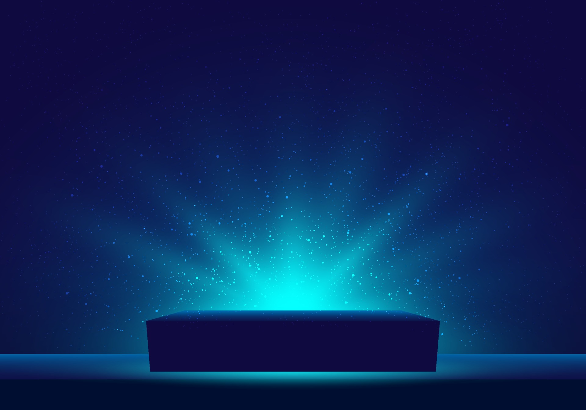 3D blue mystery box with Illuminated lighting glitter dark background