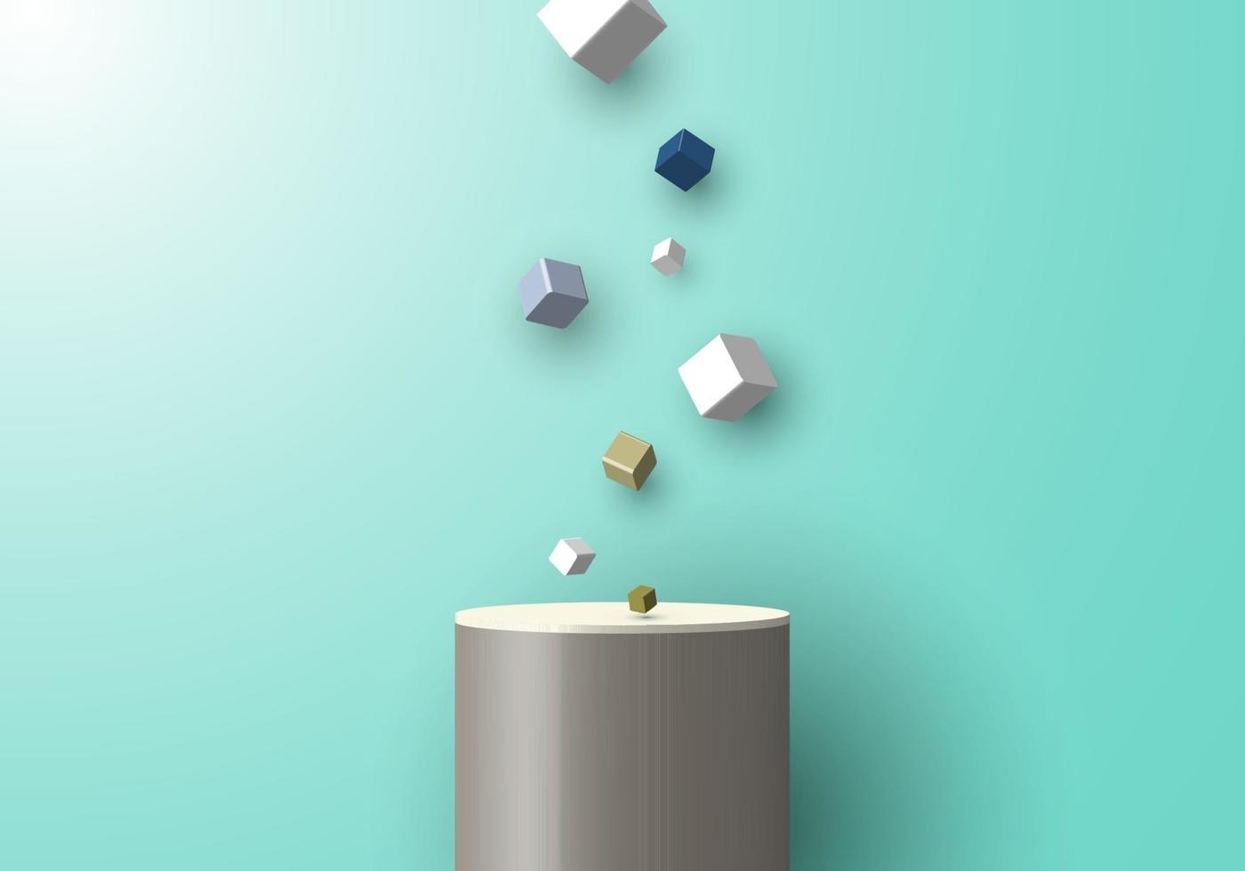 3D realistic podium cube box fall elements green mint background vector
