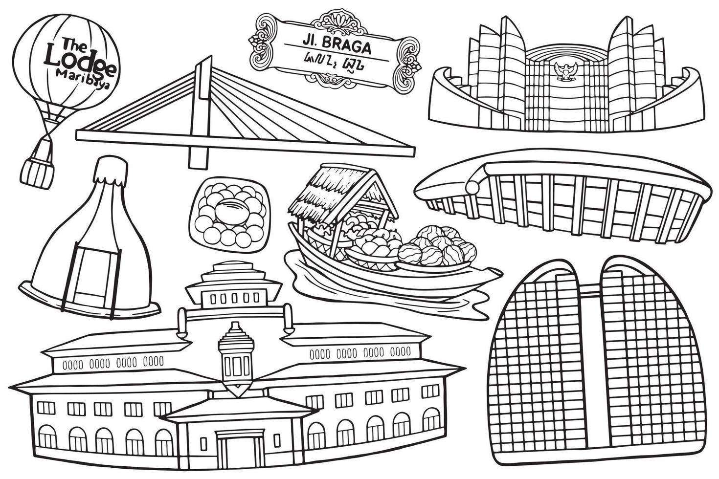 objeto de la ciudad de bandung en estilo doodle vector