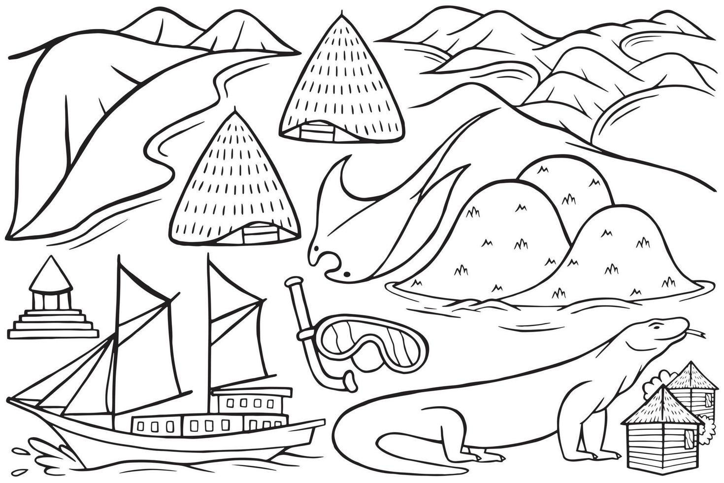 labuan bajo object in doodle style vector