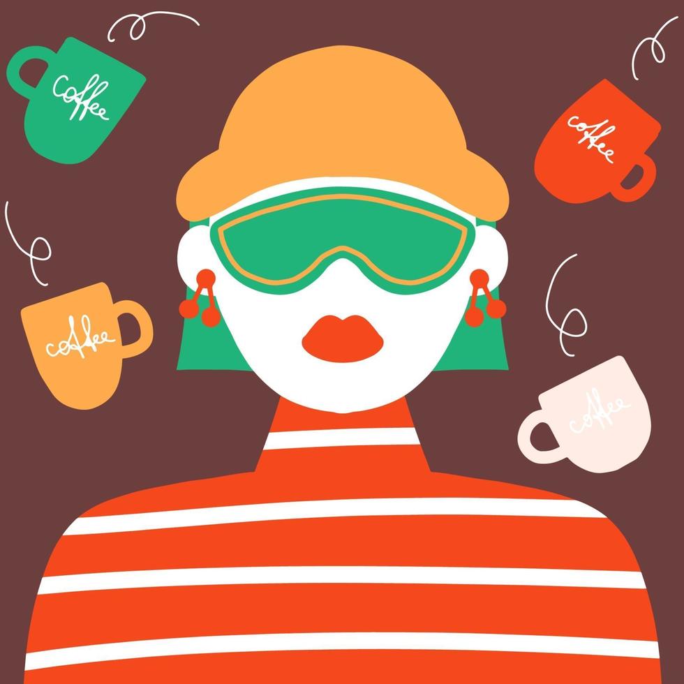 Beautiful portrait of young bold girl with hat and sunglasses modern vector