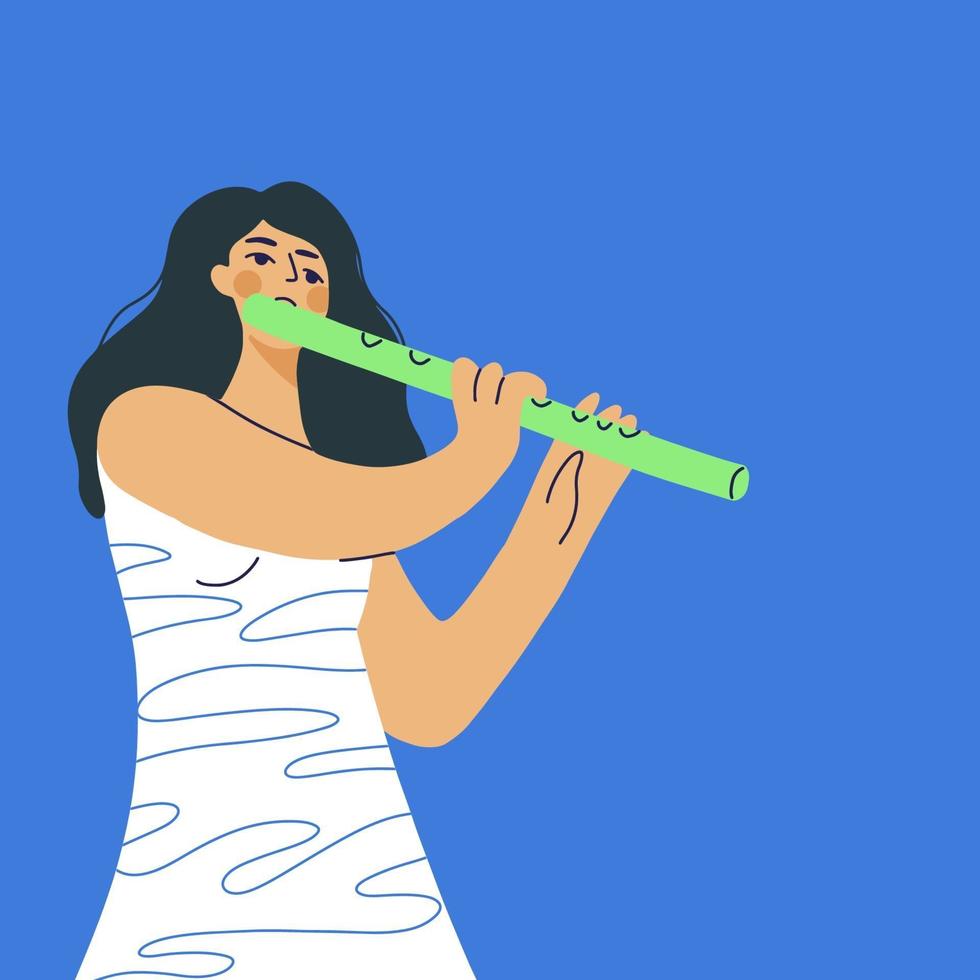 linda chica de dibujos animados tocando la flauta, la música es una flor. vector