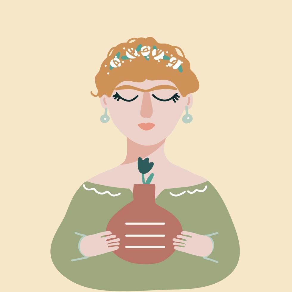 Beautiful portrait of girl with flowers pot flat vector illustration