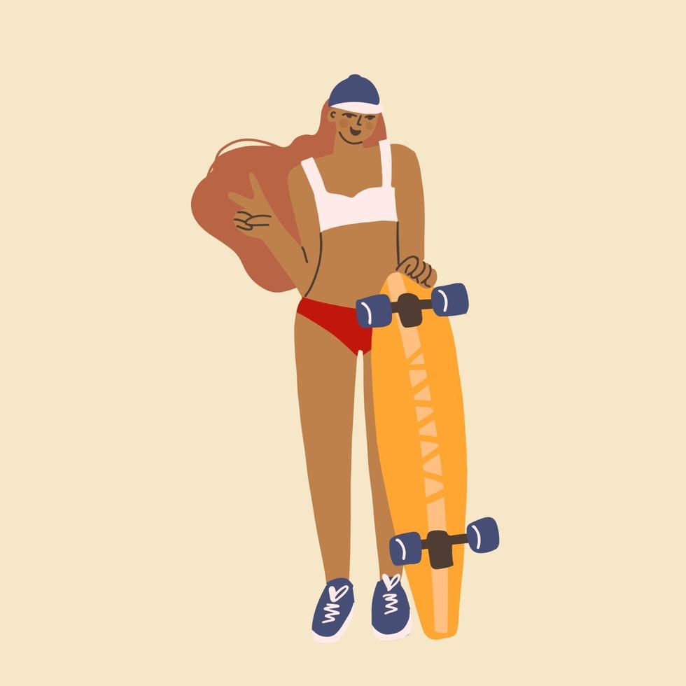 Ilustración de cuerpo entero de funky girl ride en patines. vector