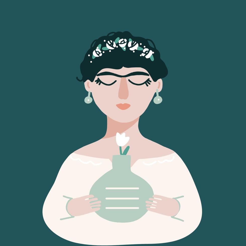 Beautiful portrait of girl with flowers pot flat vector illustration