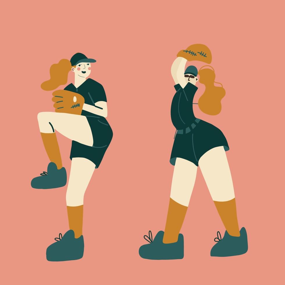 Personajes de jugador de softbol de béisbol. mujer deportiva jugando béisbol. vector