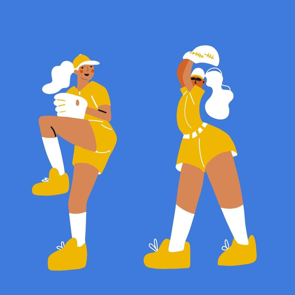 Baseball softball player characters. sports woman playing baseball. vector