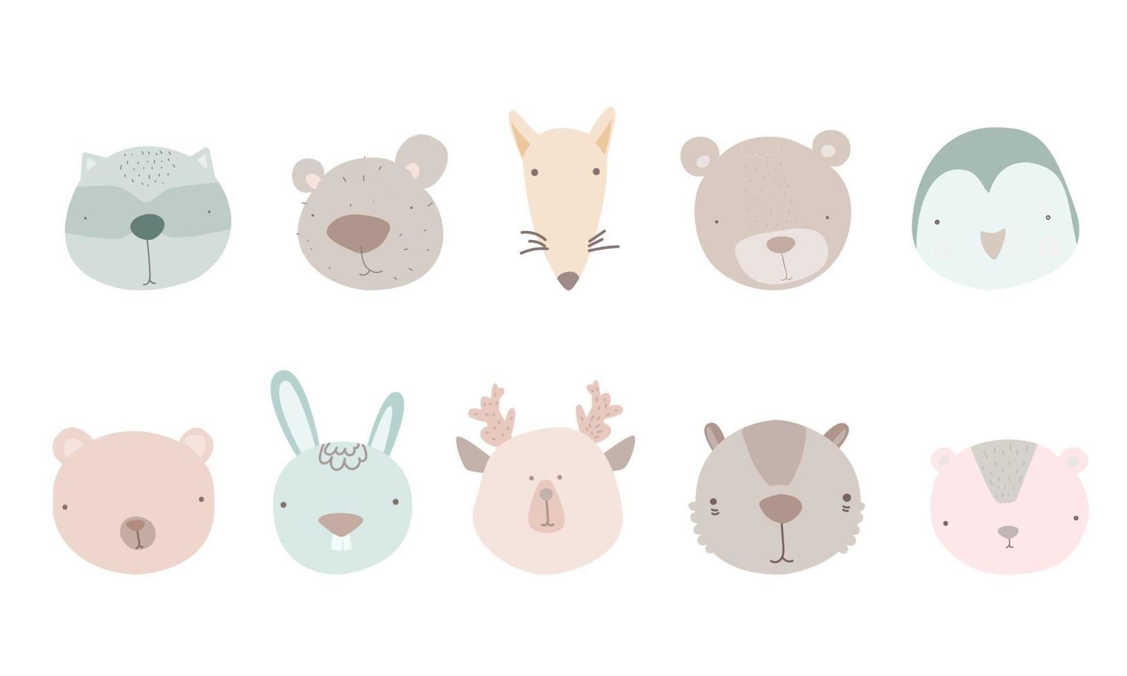 Set of cute animal heads. Cartoon zoo. vector