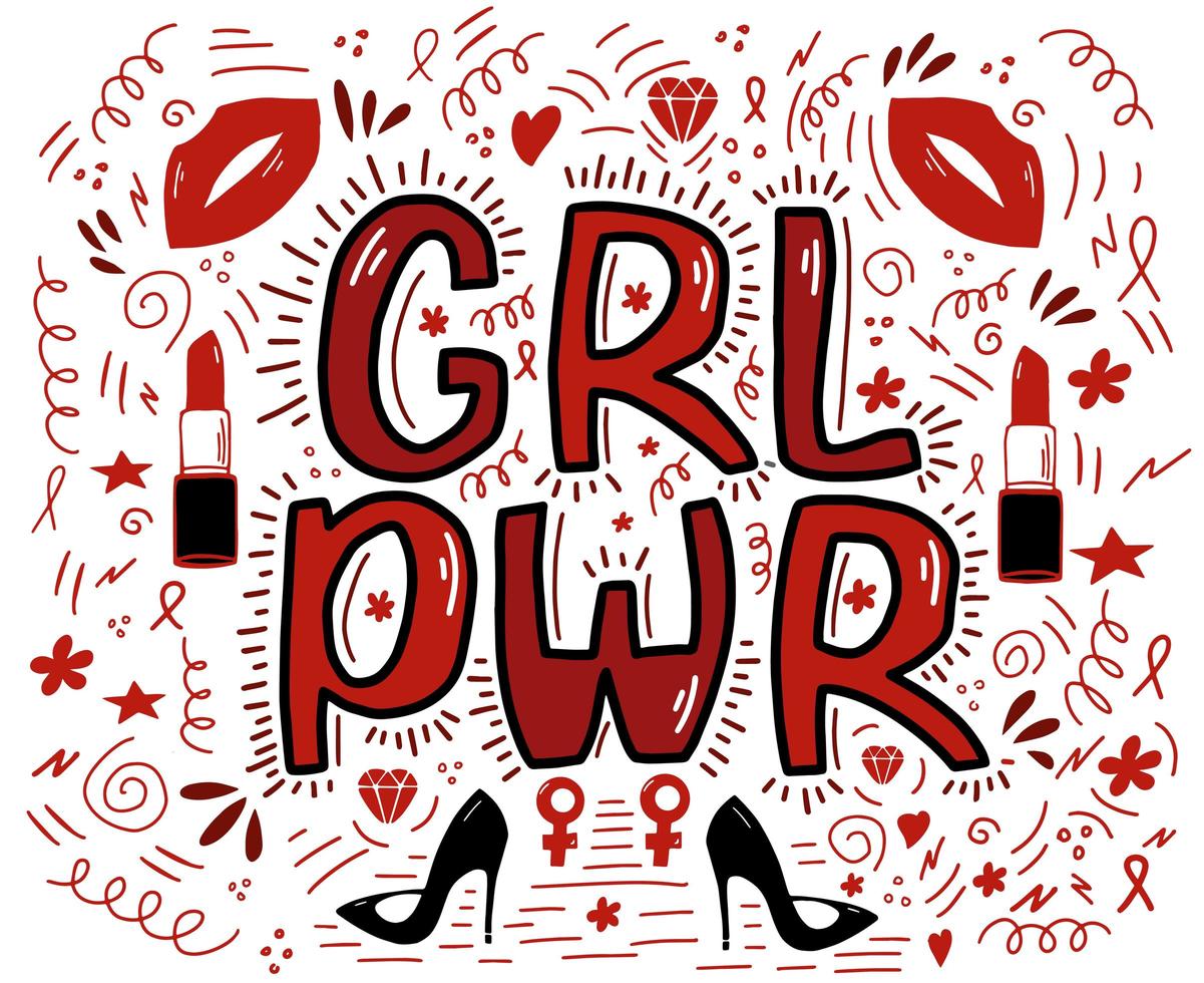 Girl power lettering with ribbons, lips, lipstick, stilettos, flowers vector