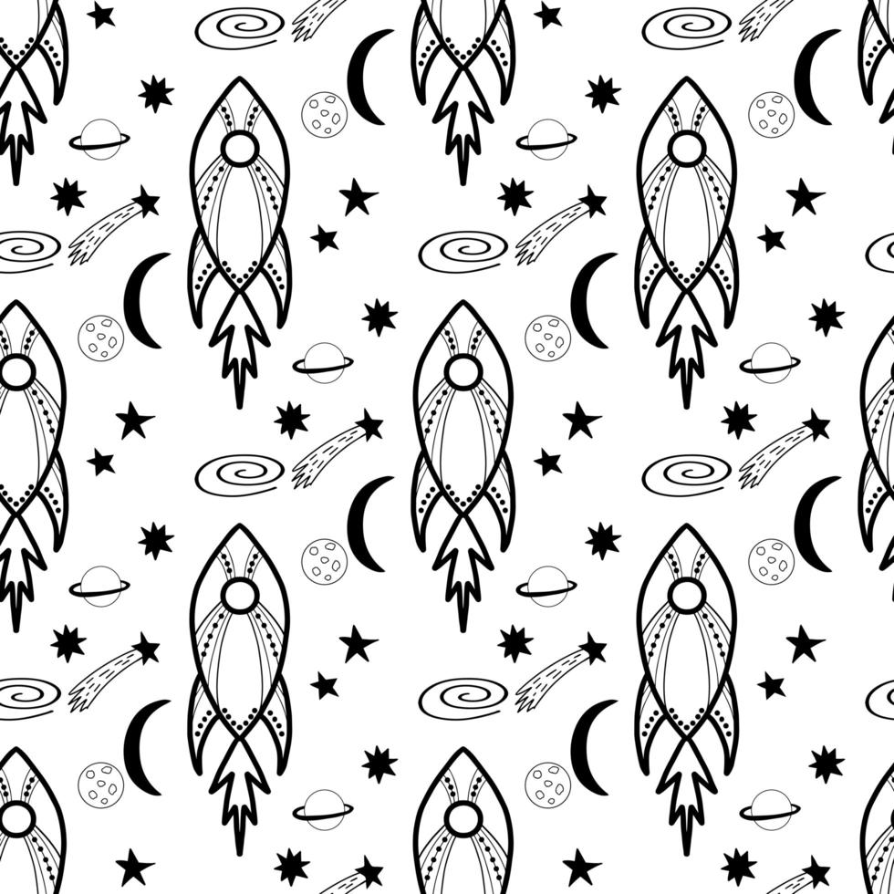 Seamless pattern made with doodle rockets, planets, stars, comets vector