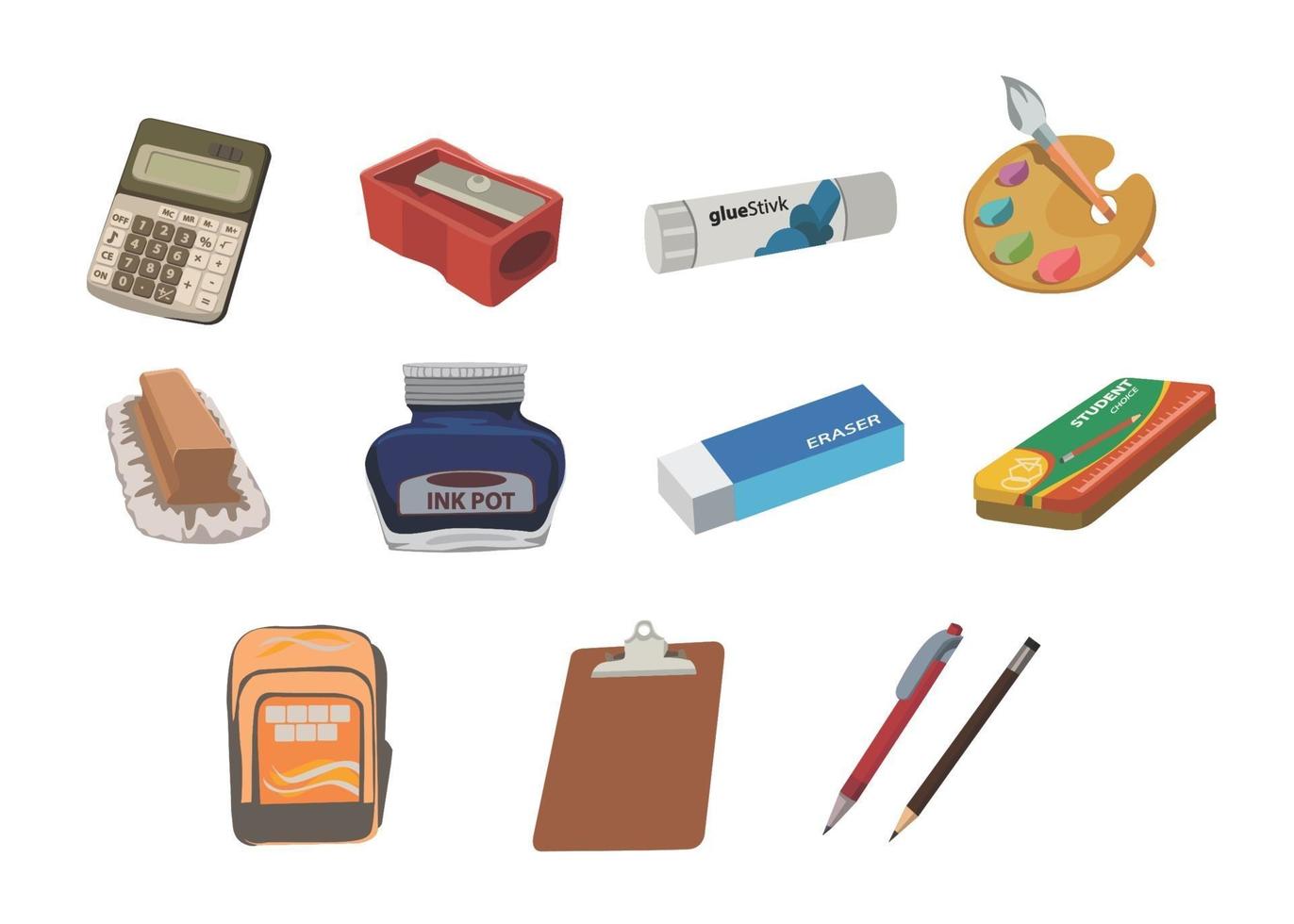 Stationery items kids book illustration set, calculator, geometry box vector