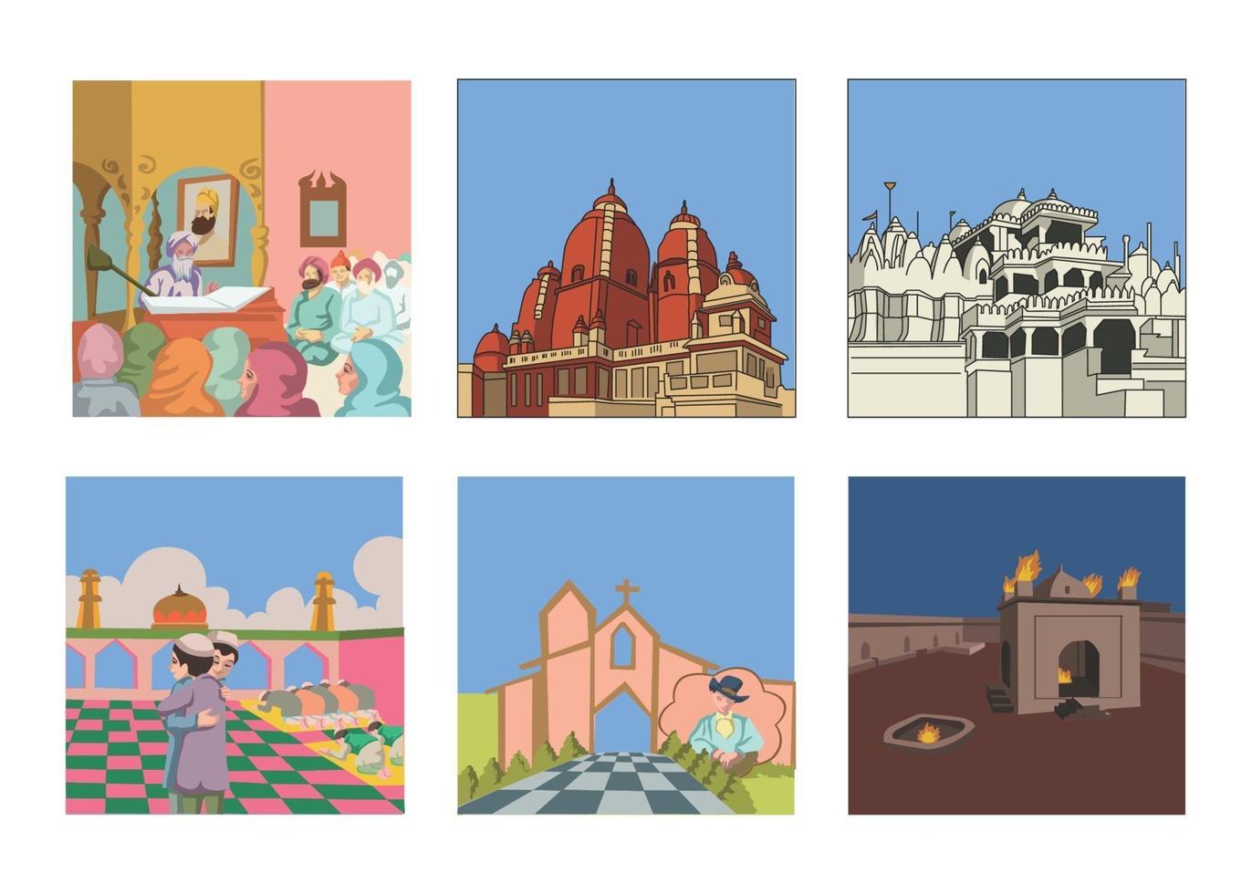 Place of worship kids book illustration set gurudwara, temple vector