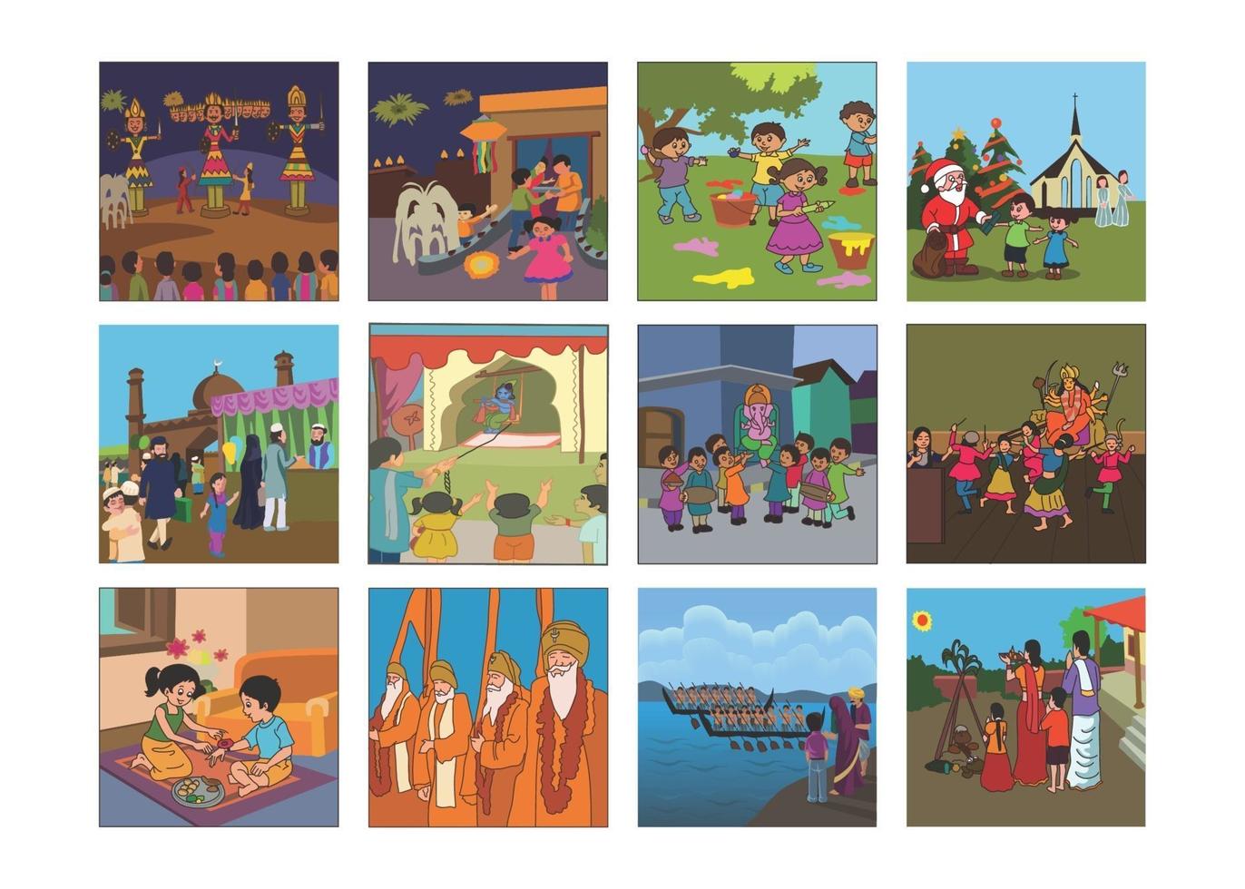 nuestro conjunto de ilustraciones de libros para niños de festivales - dussehra, deepawali, holi vector