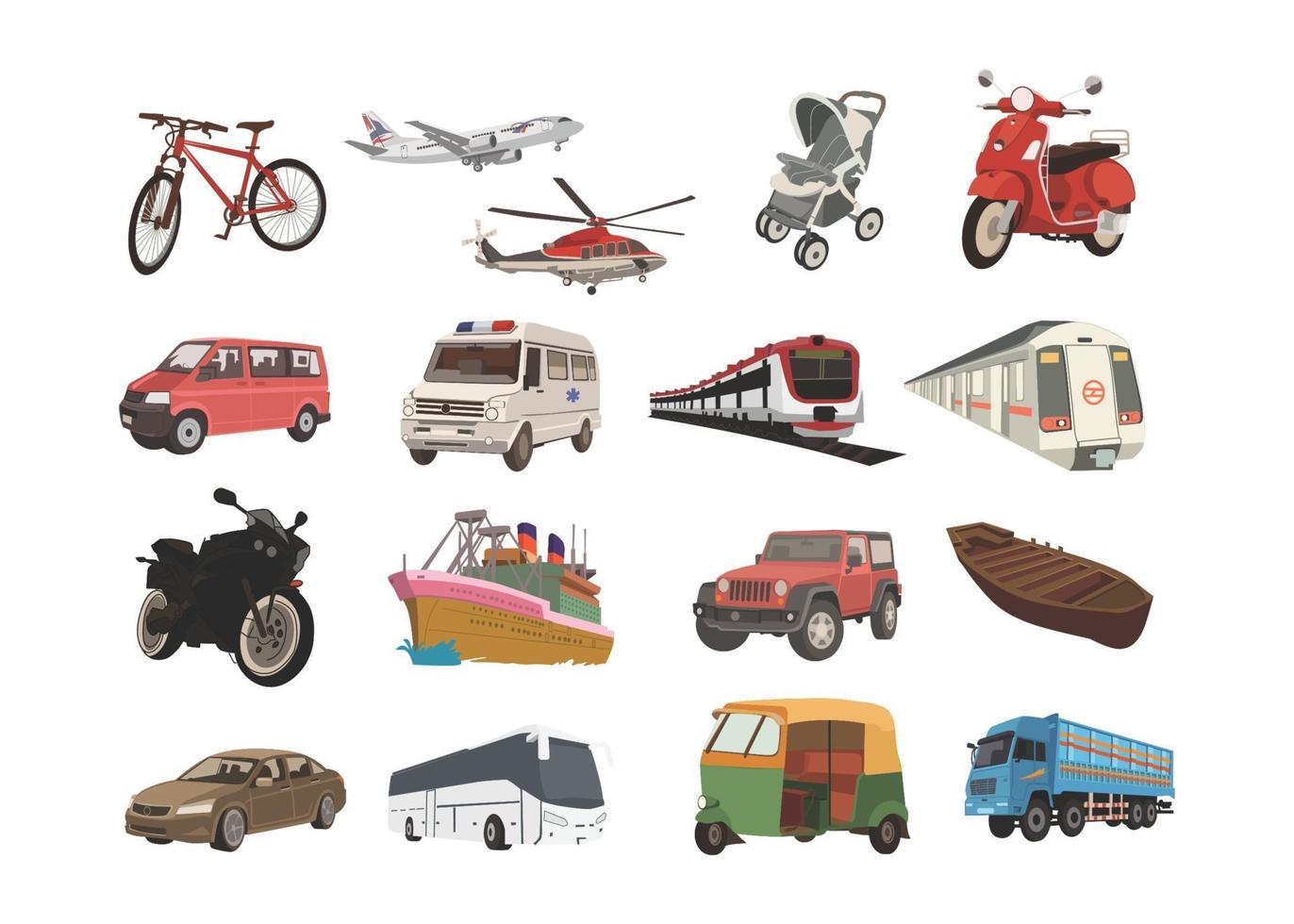 vehículos, niños, libro, ilustración, conjunto, bicicleta, avión, cochecito, scooter vector
