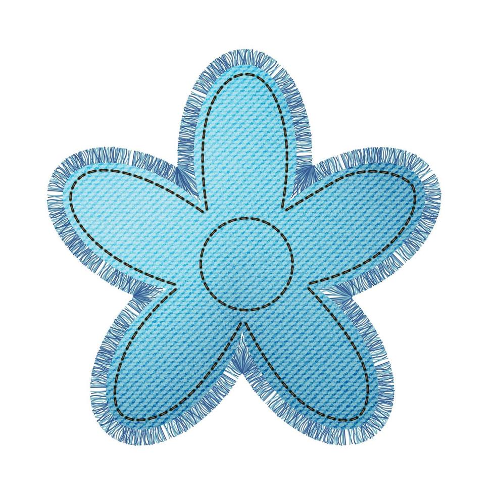 Denim patch in the shape of a flower with fringe. Light blue denim. vector