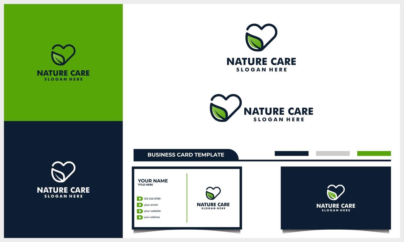 heart care with nature leaf logo concept and business card template vector