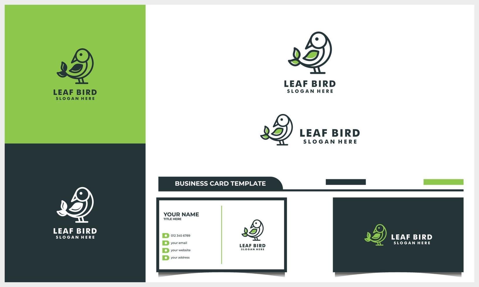 pájaro de arte lineal con concepto de logotipo de hoja de naturaleza y plantilla de tarjeta de visita vector