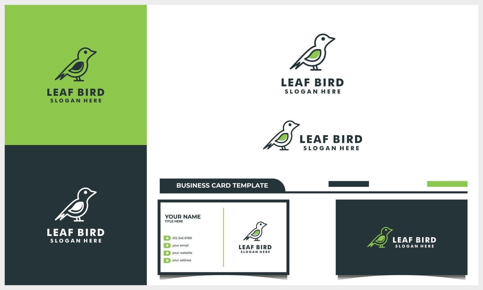 line art bird with nature leaf logo concept and business card template vector