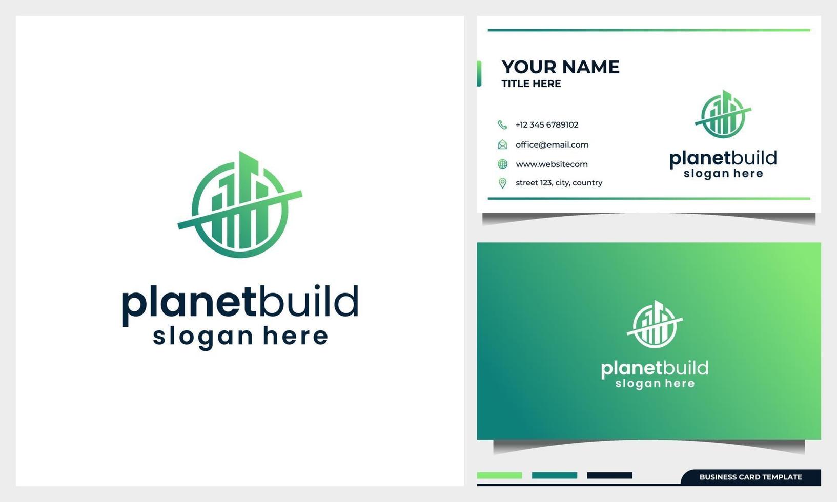 Building logo design with planet space concept and business card vector