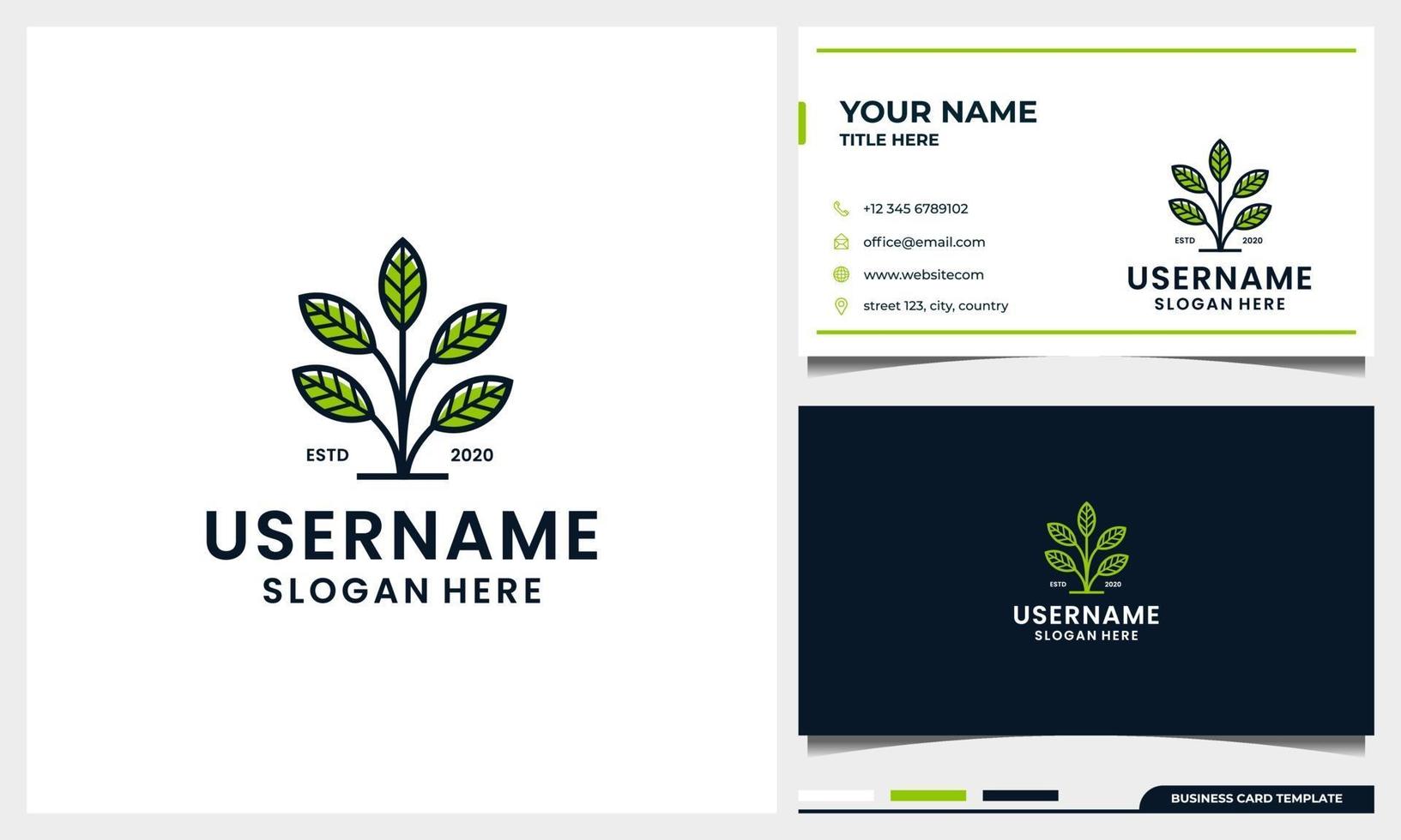 Simple tree logo design with leaf line art style and business card vector