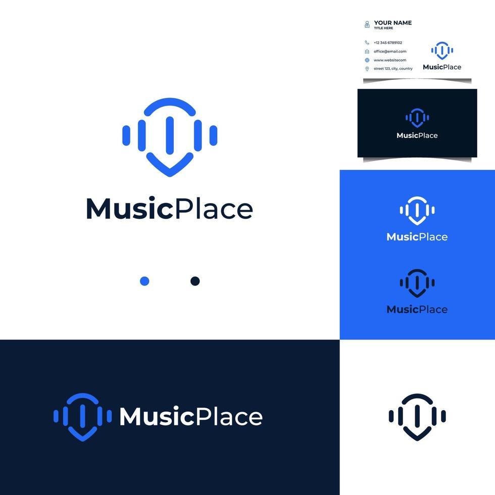 Wave music logo design with pin location concept and business card vector