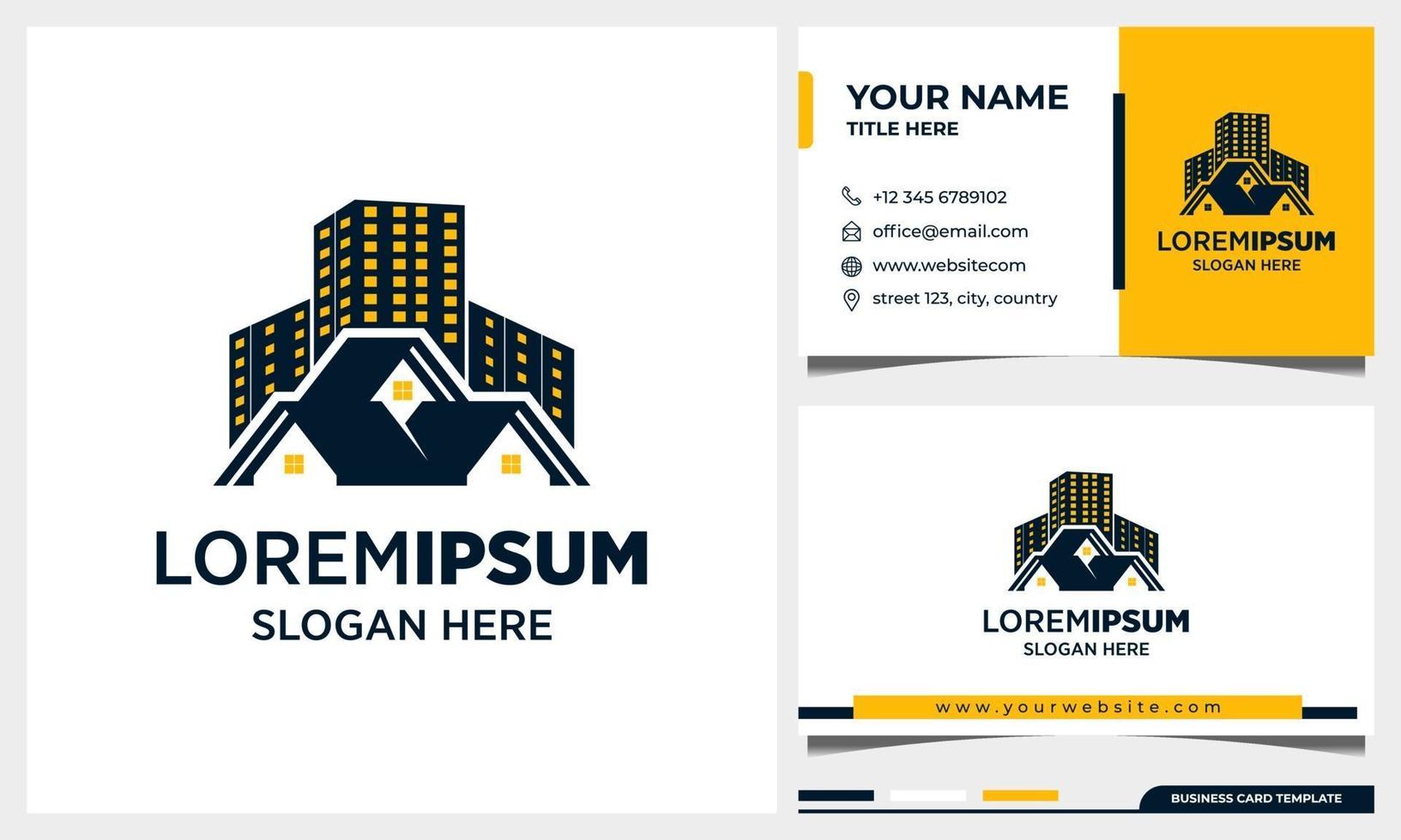 Diseño de logotipo inmobiliario, edificio de arquitectura con tarjeta de visita. vector