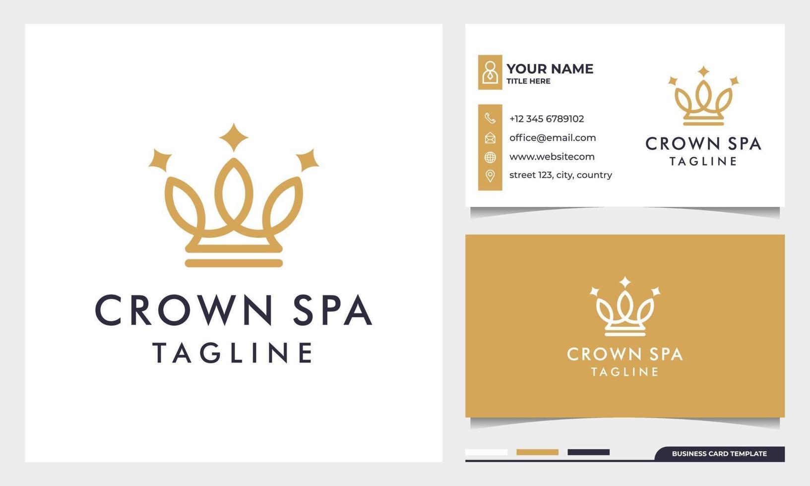 diseño de logotipo de coronas de oro real con estilo de arte lineal y tarjeta de visita vector