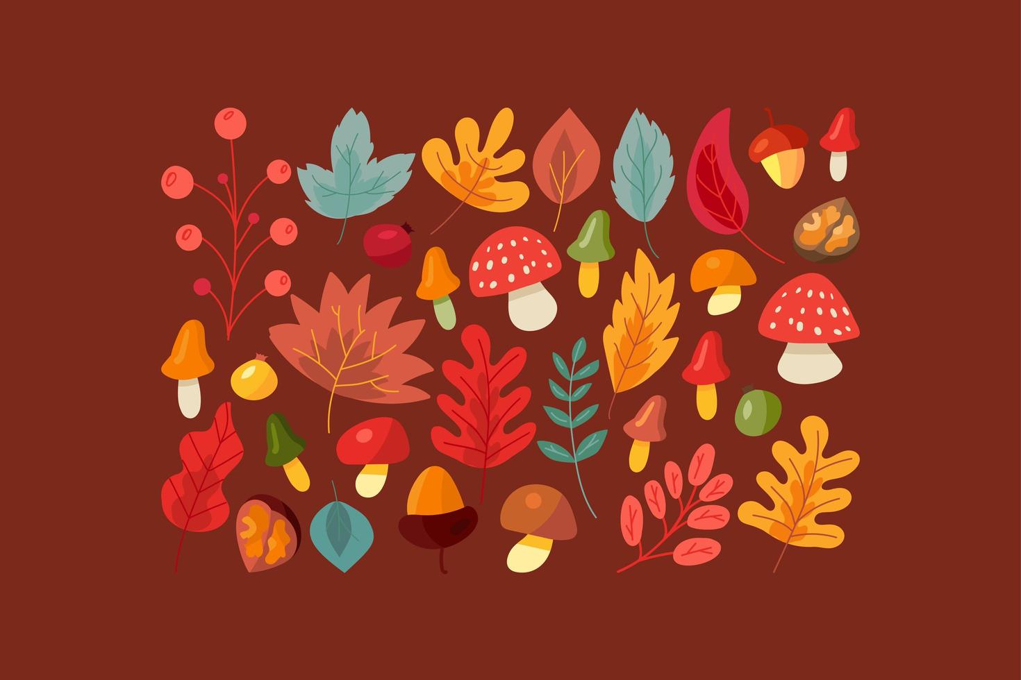 Autumn tree leaves, mushroom and berry set vector